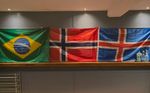 an image of three flags - Brazil, Norway, and Finland, hanging above a wall in the Scoundrels Grappling Dojo